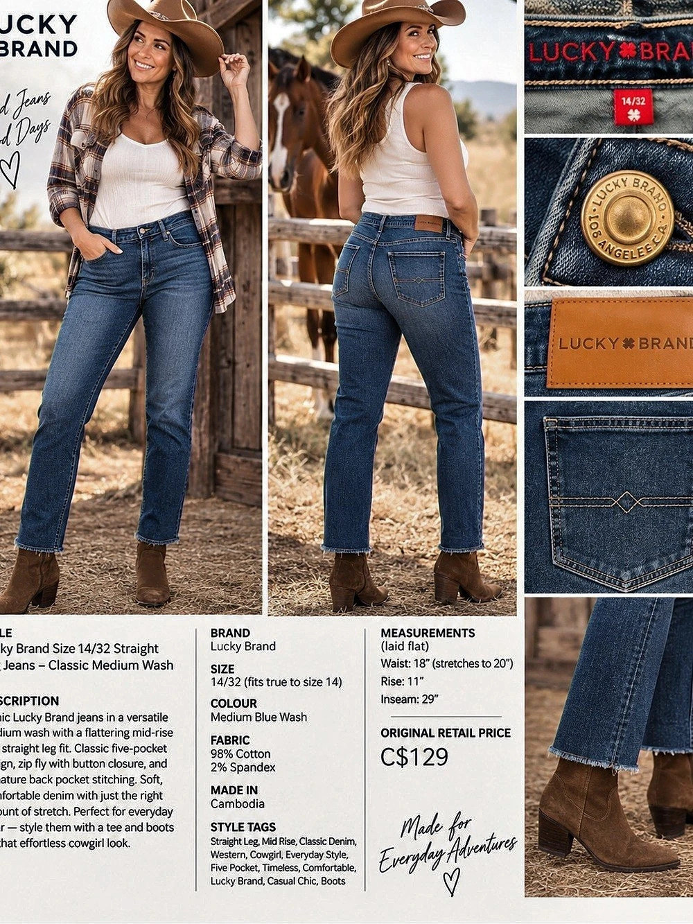 19” w Lucky Brand Sweet Mid Rise Straight Jeans Blue Waist 14/32 NWT